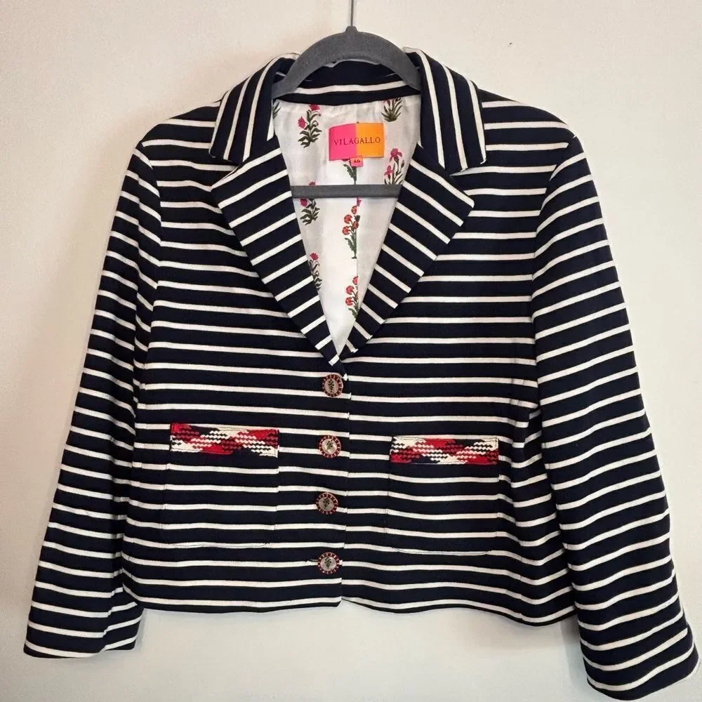 Vilagallo EUC navy blue/white striped cropped blazer with floral buttons Size 40